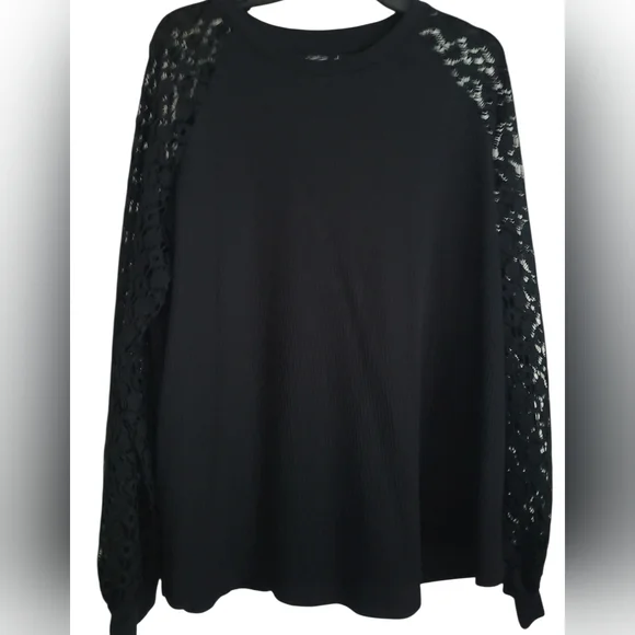 Cruel Denim Black Ribbed Top With Lace Sleeve Sz XXL - Picture 1 of 2